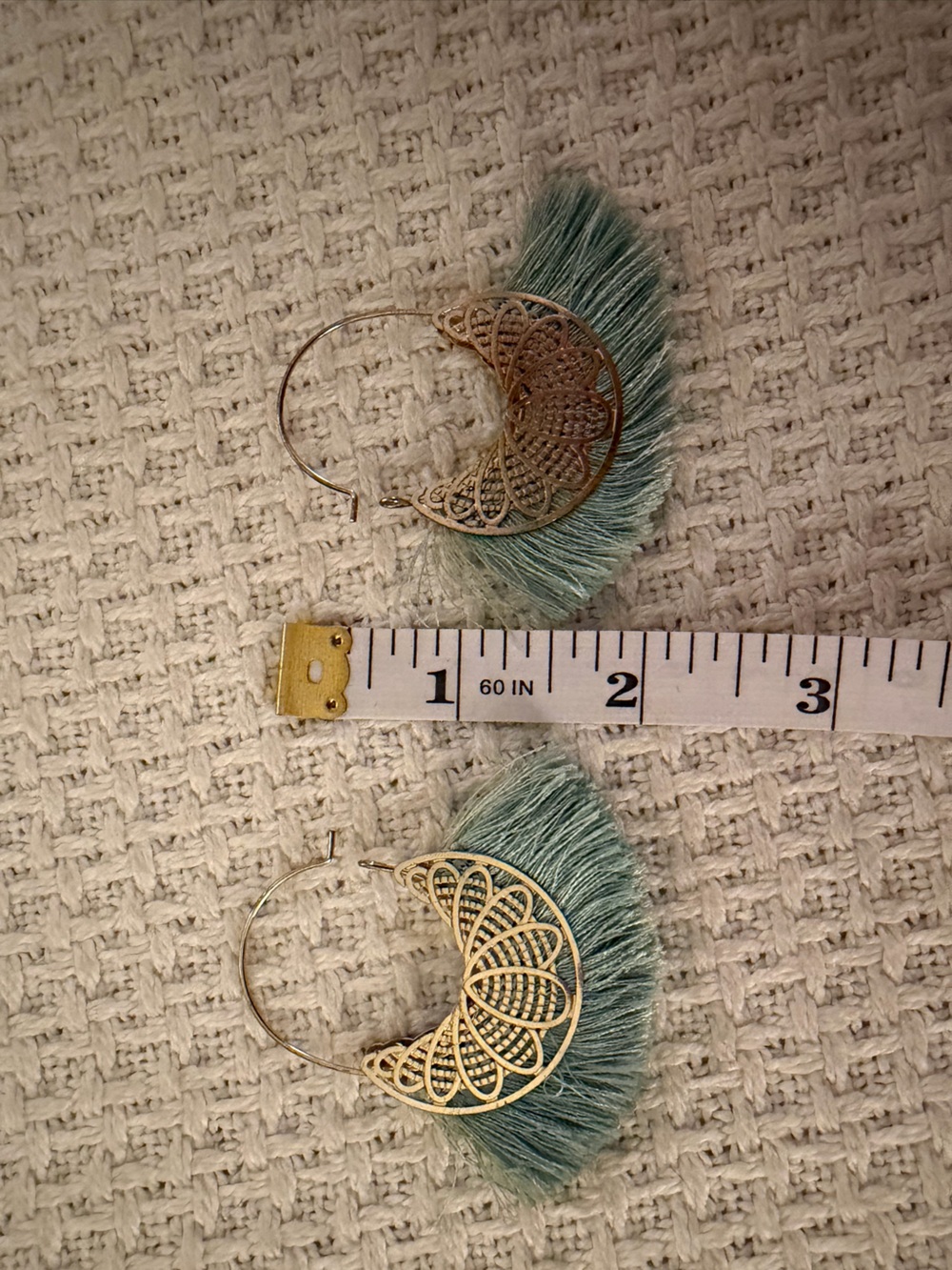 Boutique Fringed Hoop Earrings with Gold Filigree - Green EUC